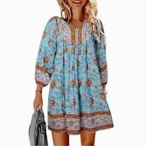 Boho Floral Summer Mini Dress Flowing Rayon Soft Pastels Women Size Medium NWOT